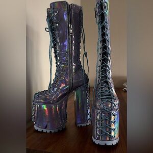 Dolls Kill CURRENT MOOD Galactica Holographic BLUE PLATFORM BOOTS New w/o box!